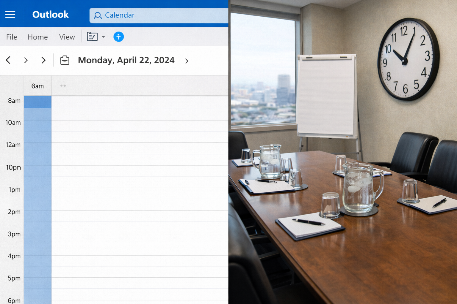 Split screen graphic: Left side shows a blank Outlook calendar with no bookings; Right side shows an empty, fully set corporate conference room in Silver Spring with water pitchers and notepads.