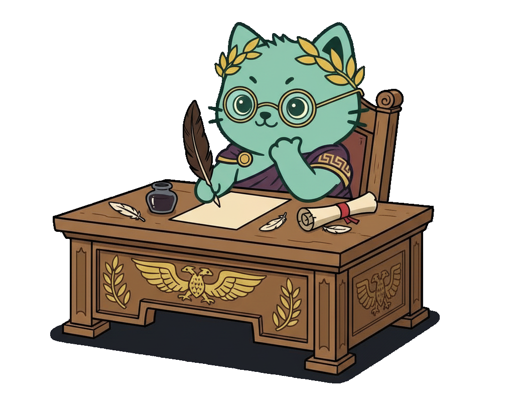 Cat Roman Emperor Hypatius writing a blog entry about Hyperliquid and perpetuals decentralized exchanges by hand.