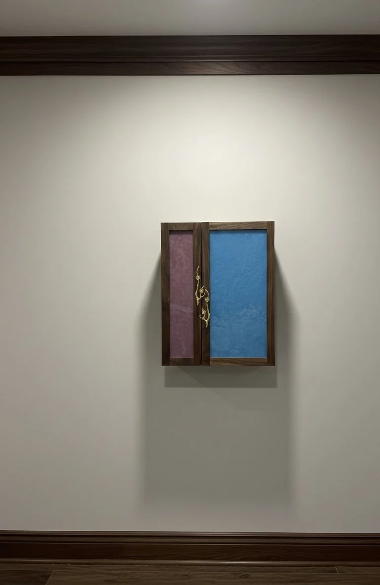 A decorative wall cabinet with two compartments, one with a pink panel and the other with a blue panel, mounted on a plain white wall with shadow cast behind it.