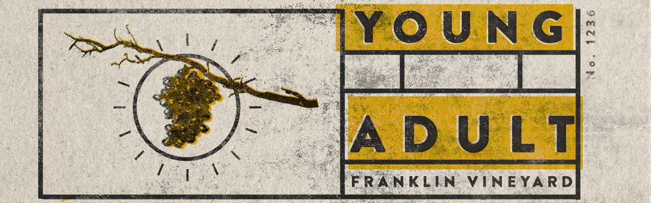 Label for Young Adult Franklin Vineyard wine, featuring a branch with grapes and a sun icon.