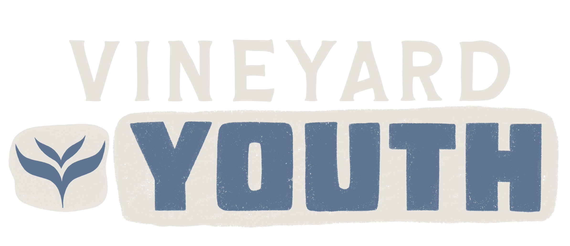 A stylized graphic with the words "VINEYARD YOUTH" in bold, distressed blue letters and a floral emblem to the left of the text.