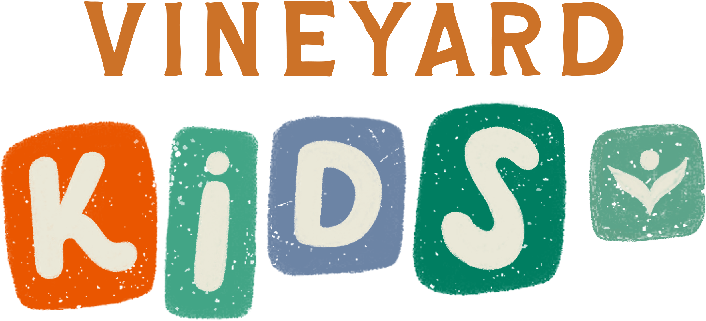 Colorful logo with the words "VINEYARD KIDS" in large, playful font, with a leaf icon next to the word "KIDS" and a layered background of orange, green, blue, and teal shapes.