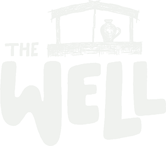 A black background with white hand-drawn style text saying "The WELL" and a drawing of a shelf with a vase on it.