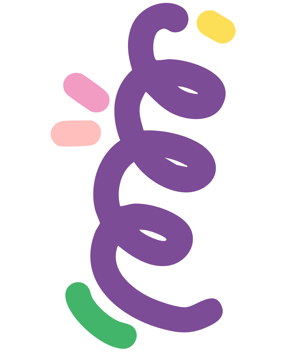 A stylized, abstract illustration of a DNA double helix with purple, pink, yellow, and green shapes.