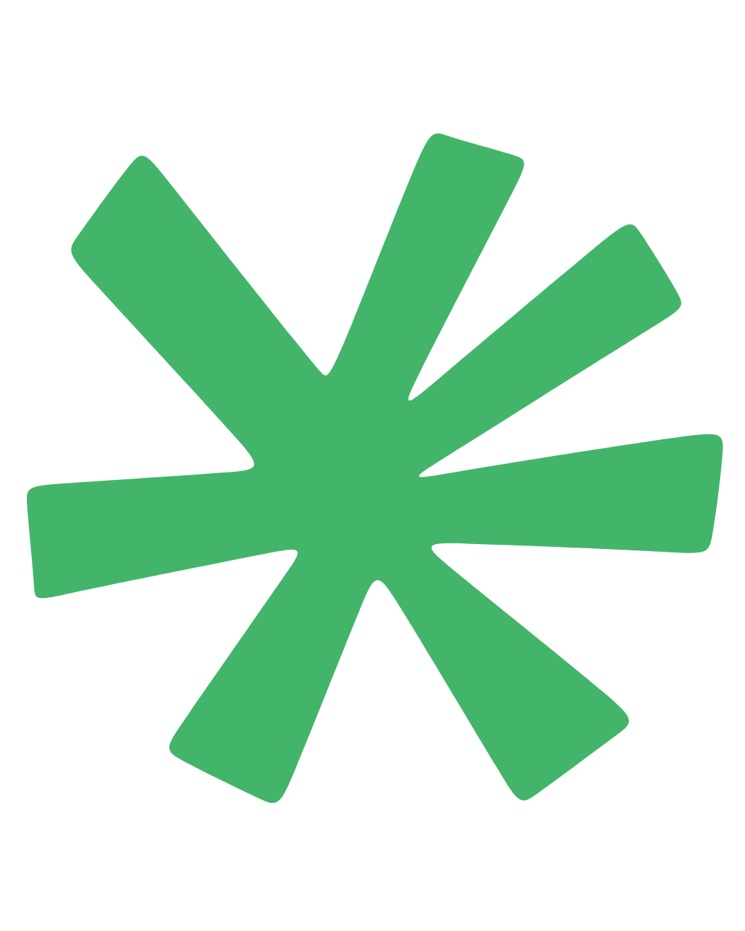 Green starburst shape with eight thick, uneven rays radiating from a central point on a black background.