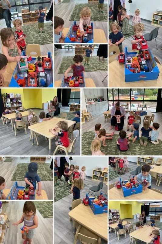 Children playing with toy sets and participating in activities in a classroom or library setting.