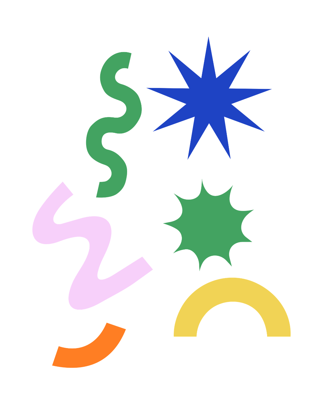 Colorful abstract shapes including a green squiggle, purple squiggle, yellow arch, orange arc, a blue star, and two green spiky shapes on a black background.