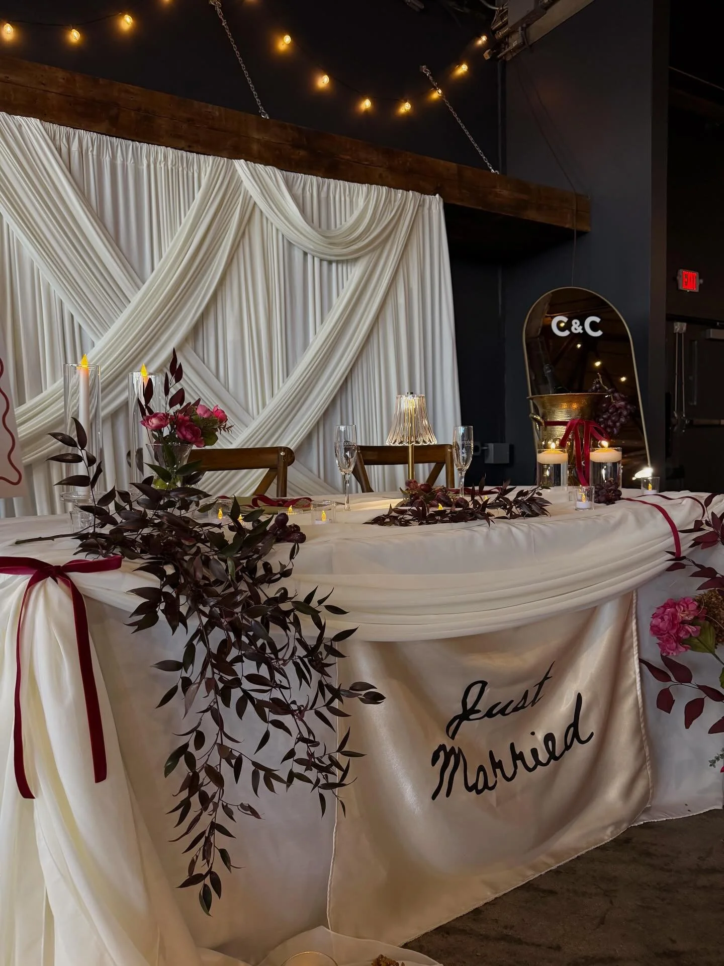 We&rsquo;re LIVE at @westcloxeventcenter ✨ Stop by today to see our setup&mdash;sweetheart table dreams, fruity touches, and bows to perfection 🍇