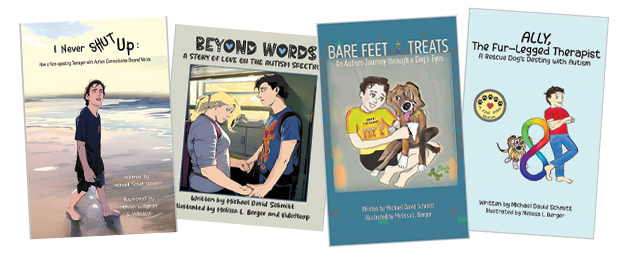 A collection of five children's book covers, each featuring colorful illustrations and titles about friendship, adventures, and therapy dogs.