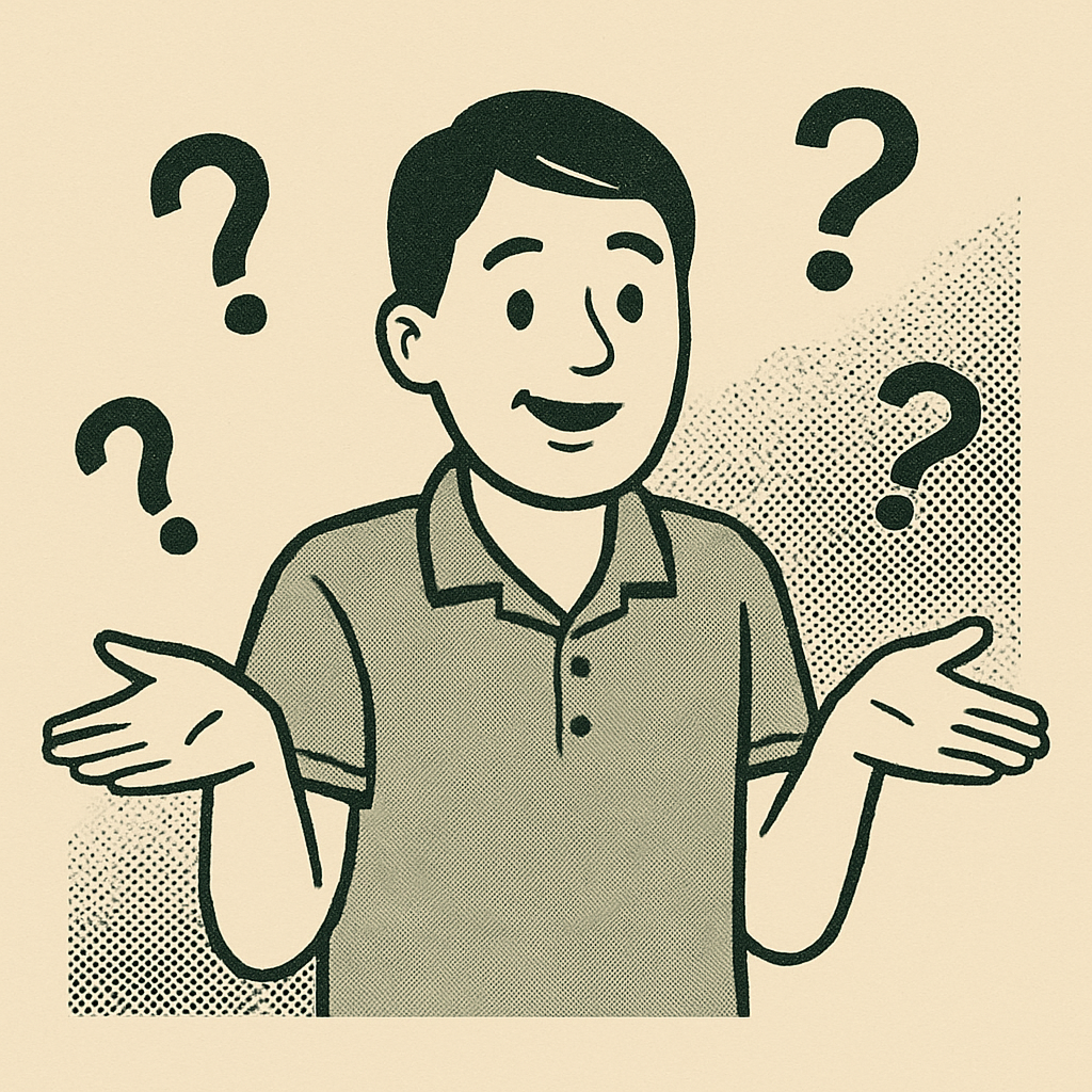 A cartoon illustration of a young man with a puzzled expression, shrugging with both hands raised, surrounded by four question marks.