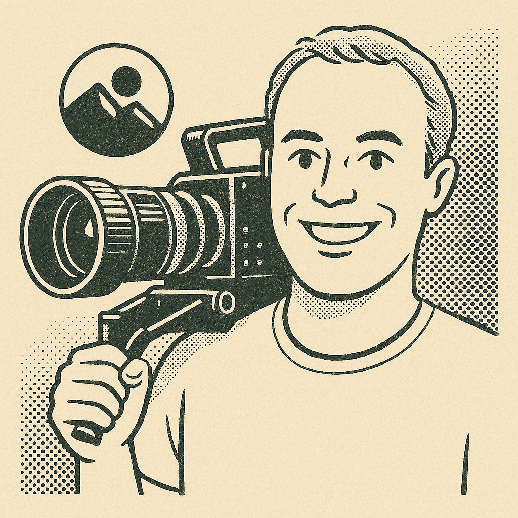 Cartoon of a smiling man holding a camera on his shoulder, with a mountain and sun icon in the background.