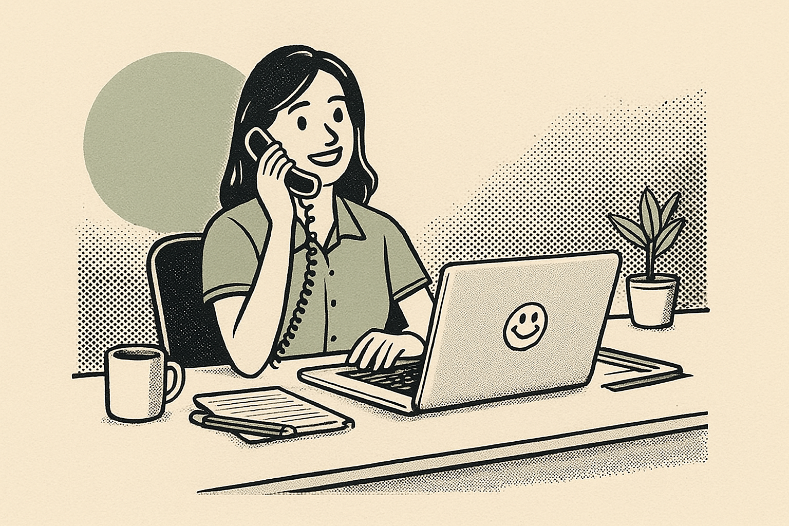 Illustration of a woman at a desk talking on the phone, with a laptop, mug, notepad, and pen, and a potted plant in the background.