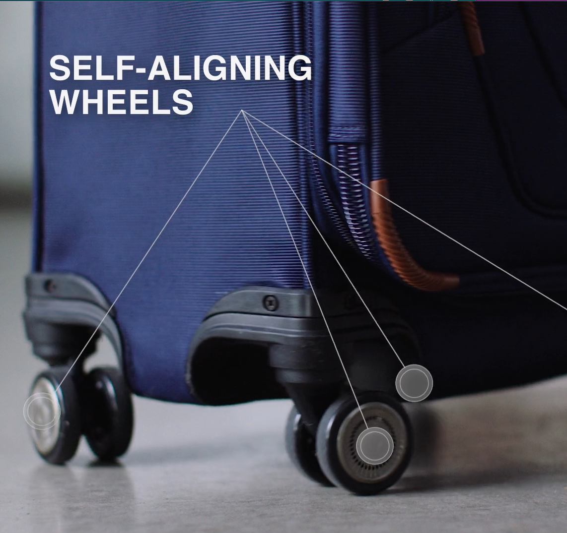 Close-up of a blue suitcase with four black and gray wheels, with text overlay that reads 'Self-Aligning Wheels' and lines pointing to each wheel.