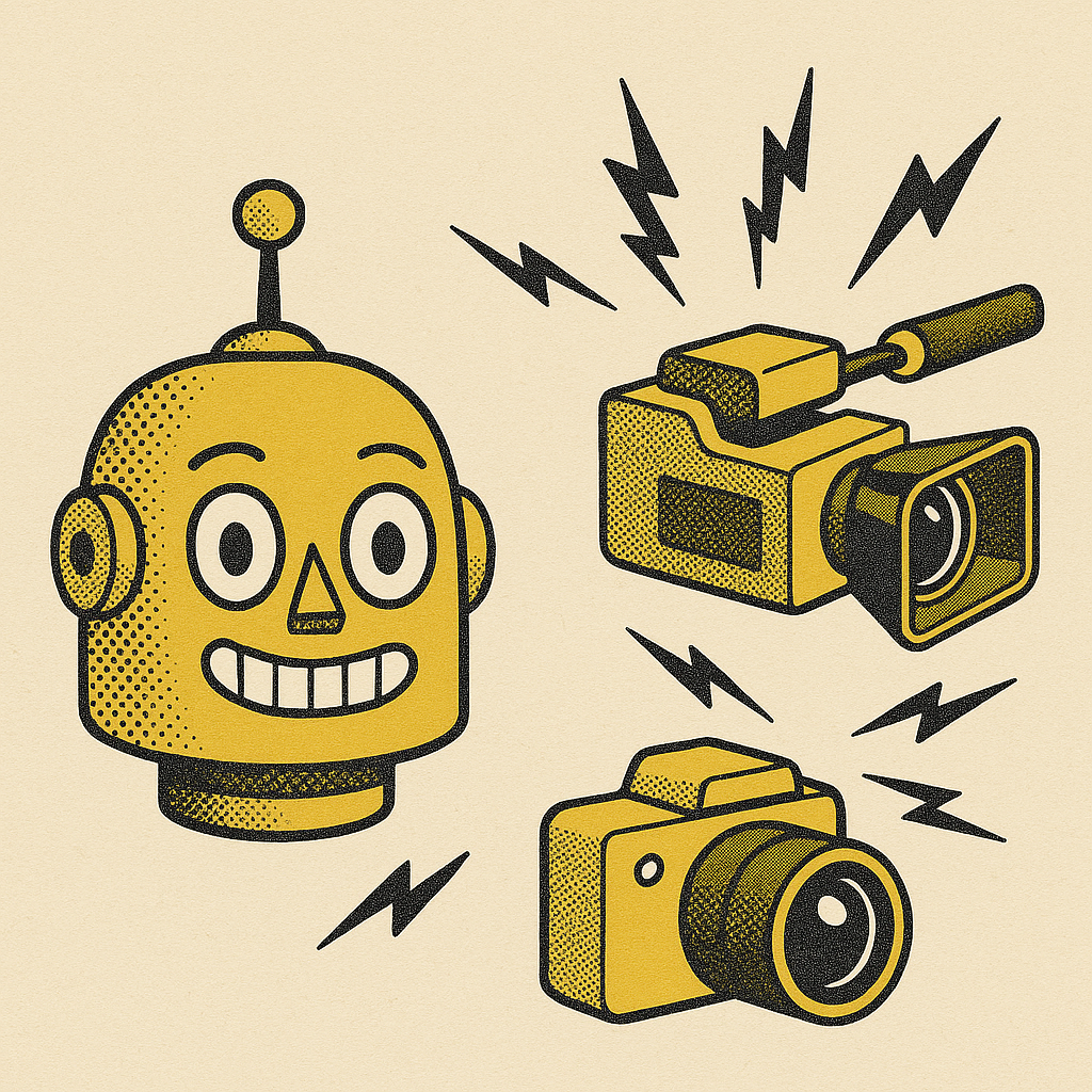 A cartoon yellow robot head with big eyes and a smiling mouth, next to two yellow cameras and a video camera, with lightning bolt symbols around them.