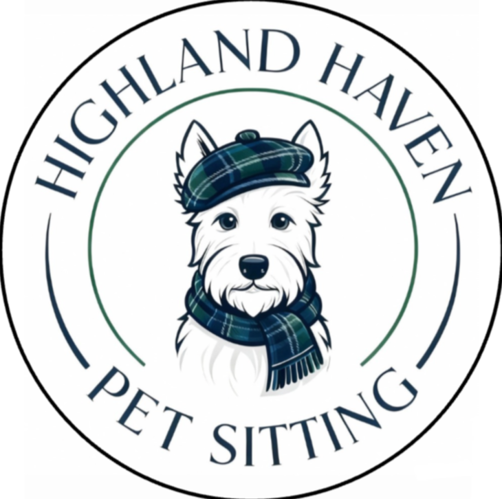 A logo featuring a cartoon dog wearing a tartan hat and scarf, with the text 'Highland Haven Pet Sitting' surrounding the dog in a circular design.
