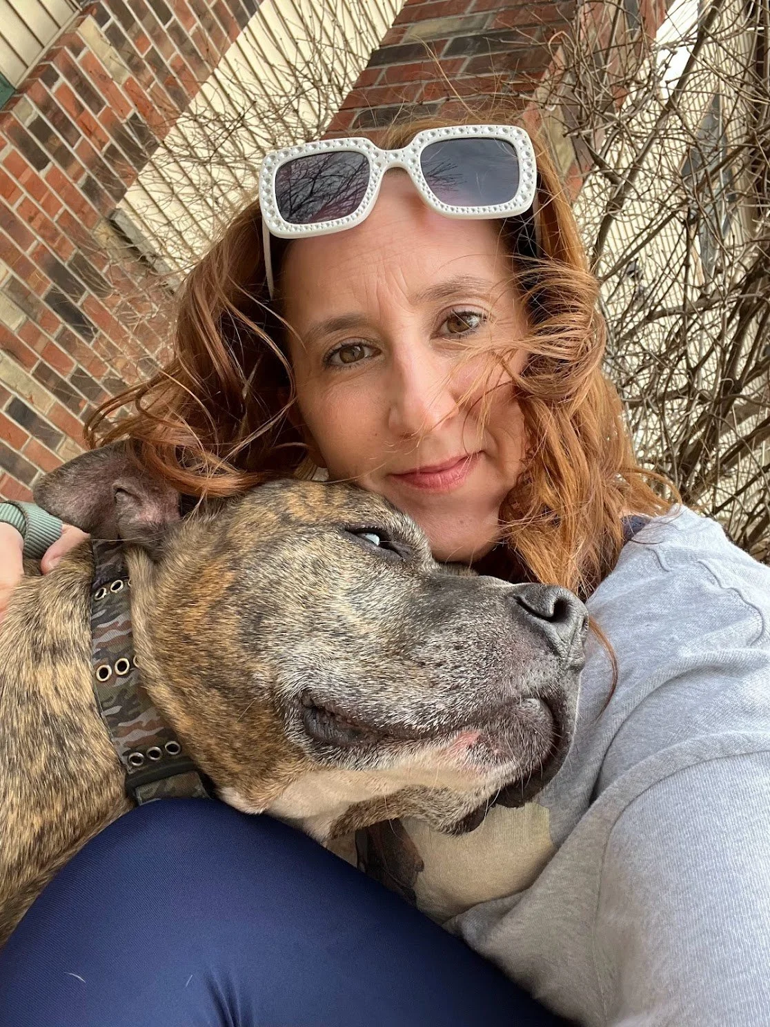 A woman with red hair and white sunglasses on her head is hugging a large brindle dog outside near a brick building and leafless bushes.