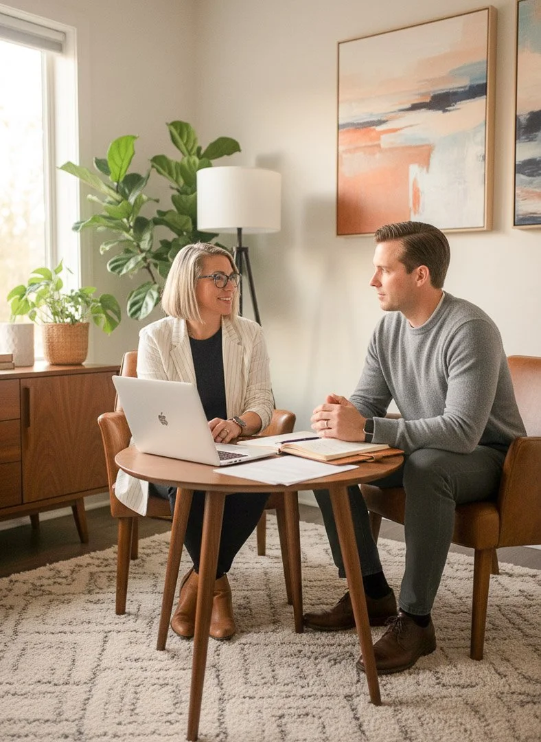 Therapist and professional having a focused conversation in a modern, calming office setting.