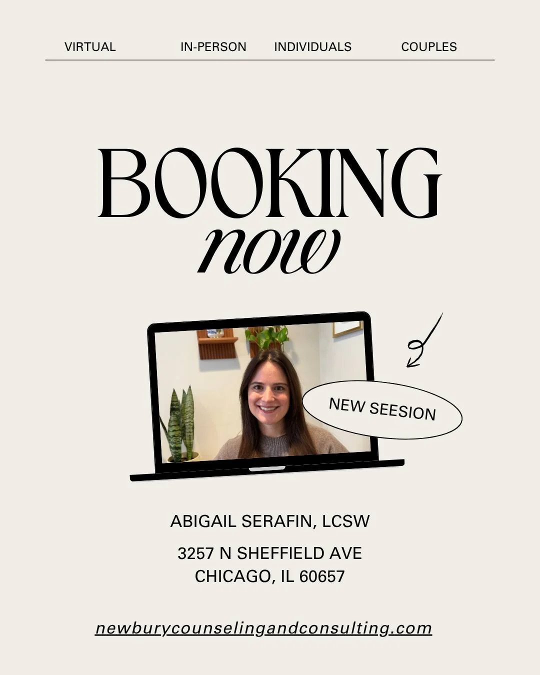 Join me in welcoming Abigail Serafin, LCSW!

With over 5 years of experience we are excited to bring Abigail aboard as a seasoned Clinician who sees a wide variety of Clients including:
👩&zwj;❤️&zwj;👨 Couples 👨&zwj;❤️&zwj;👨
-LGBTQ+
-Partnered
-Ma