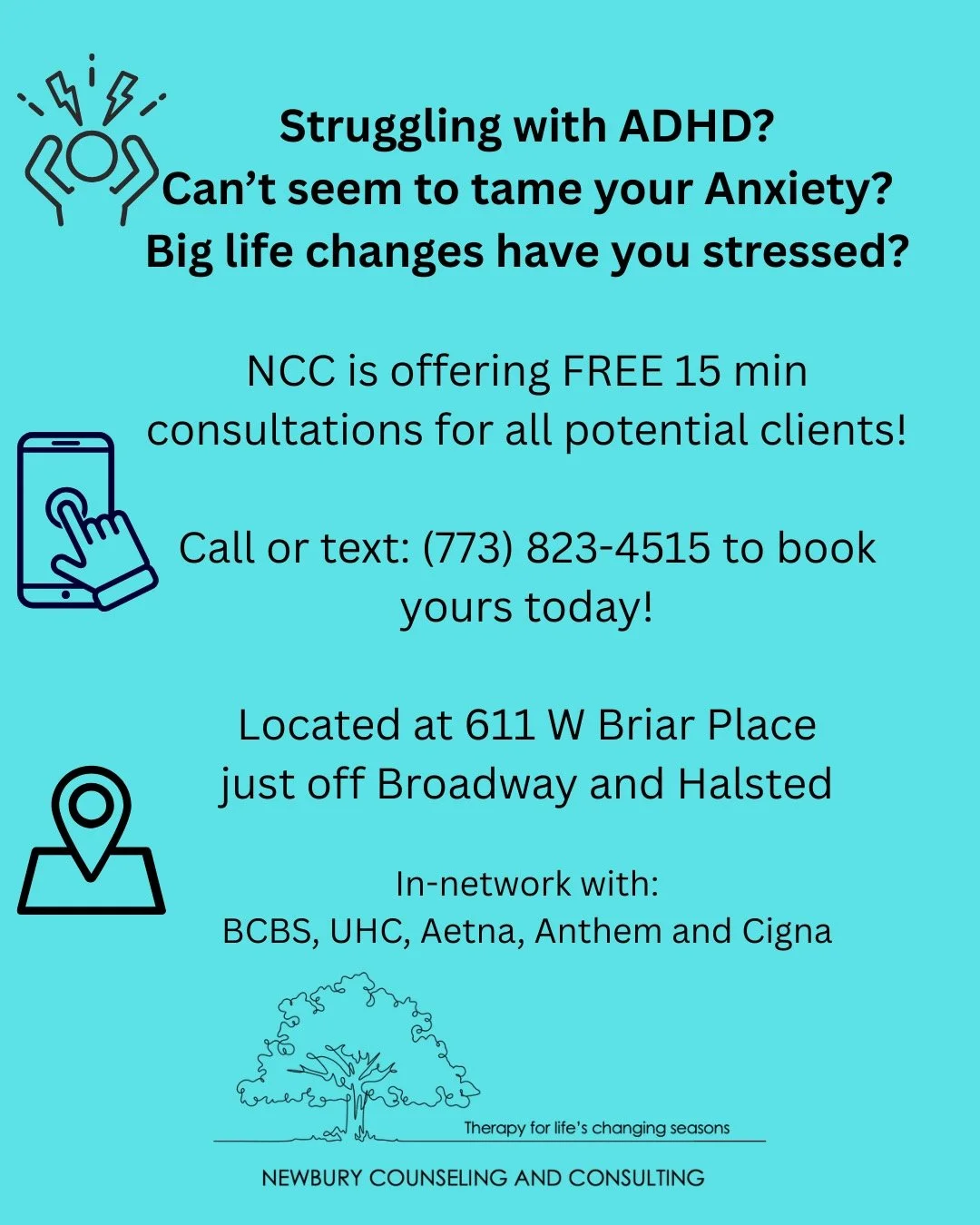 NCC is now offering free 15 min consultations for all potential clients! Call or text today! We are now in network with BCBS, UHC, Aetna, and Cigna! #mentalhealth #ADHDtherapy #Anxietytherapy #Chicagotherapy
