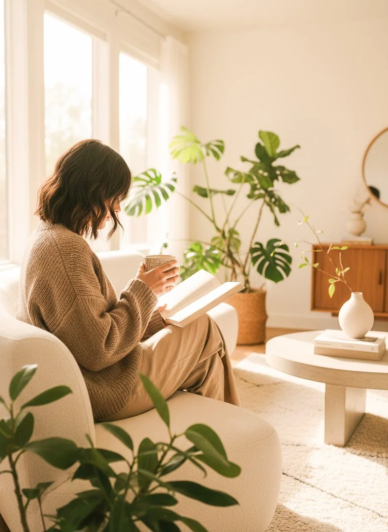 Woman sitting peacefully and reading in a sunlit therapy space with soft natural tones."