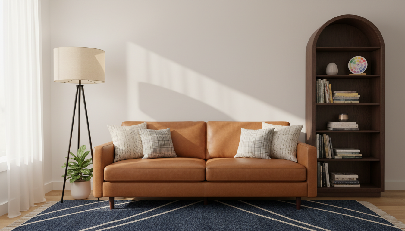 Warm, sunlit therapy office with tan leather sofa, bookshelf, and neutral decor.