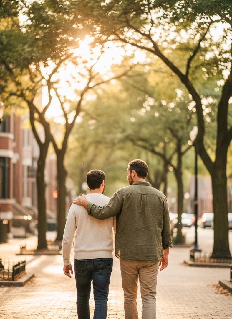 Two men walking together down a tree-lined Chicago street, representing supportive couples therapy.