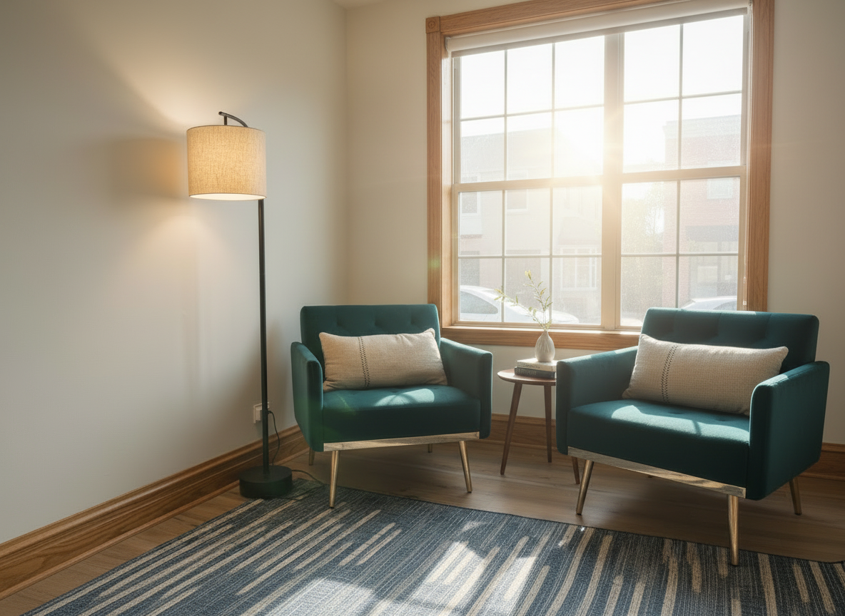 Sunlit therapy office with two teal chairs and a wooden window, evoking calm and comfort for new clients.