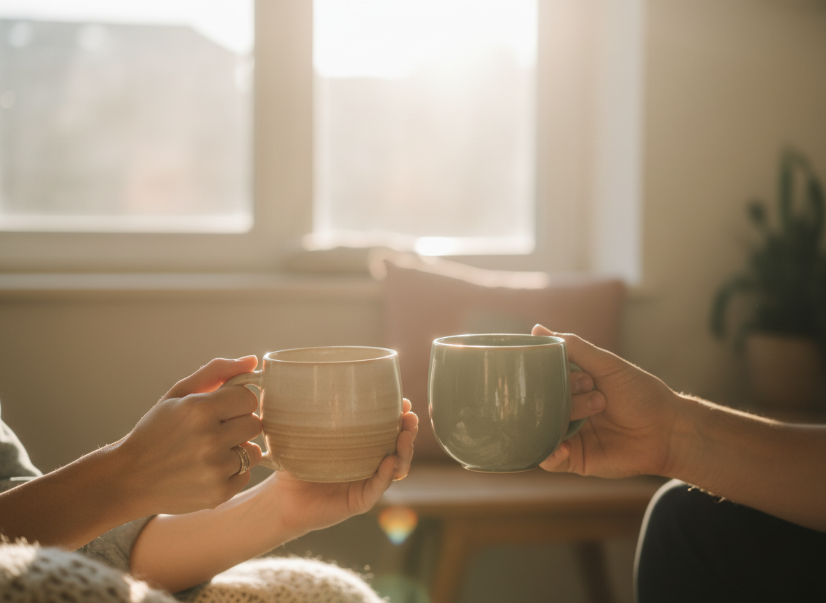 Two people holding warm mugs in a sunlit room, representing compassionate, grounded therapy and human connection.