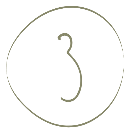 A minimalist icon of a coat hanger enclosed in a circle with a black background.
