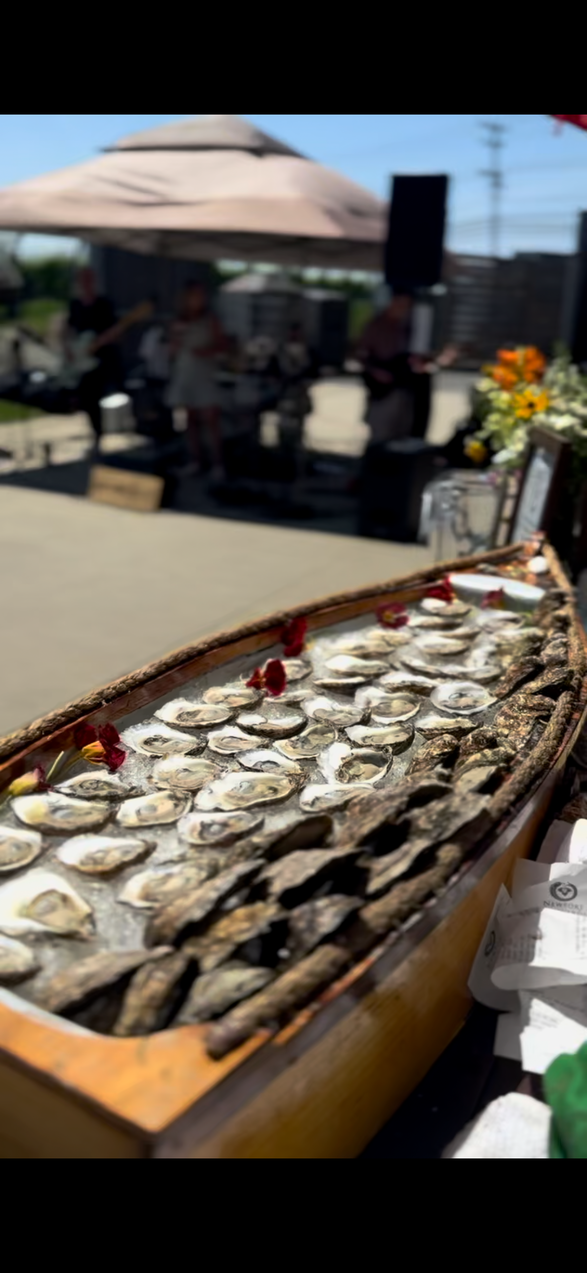 A wooden tray filled with raw oysters on ice, garnished with flower petals at an outdoor event with a band playing under an umbrella in the background.