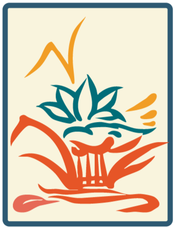 Abstracted mah jongg tile featuring stylized plant, water, and flame elements in the orange, green, and blue colors of One Bird Social's logo