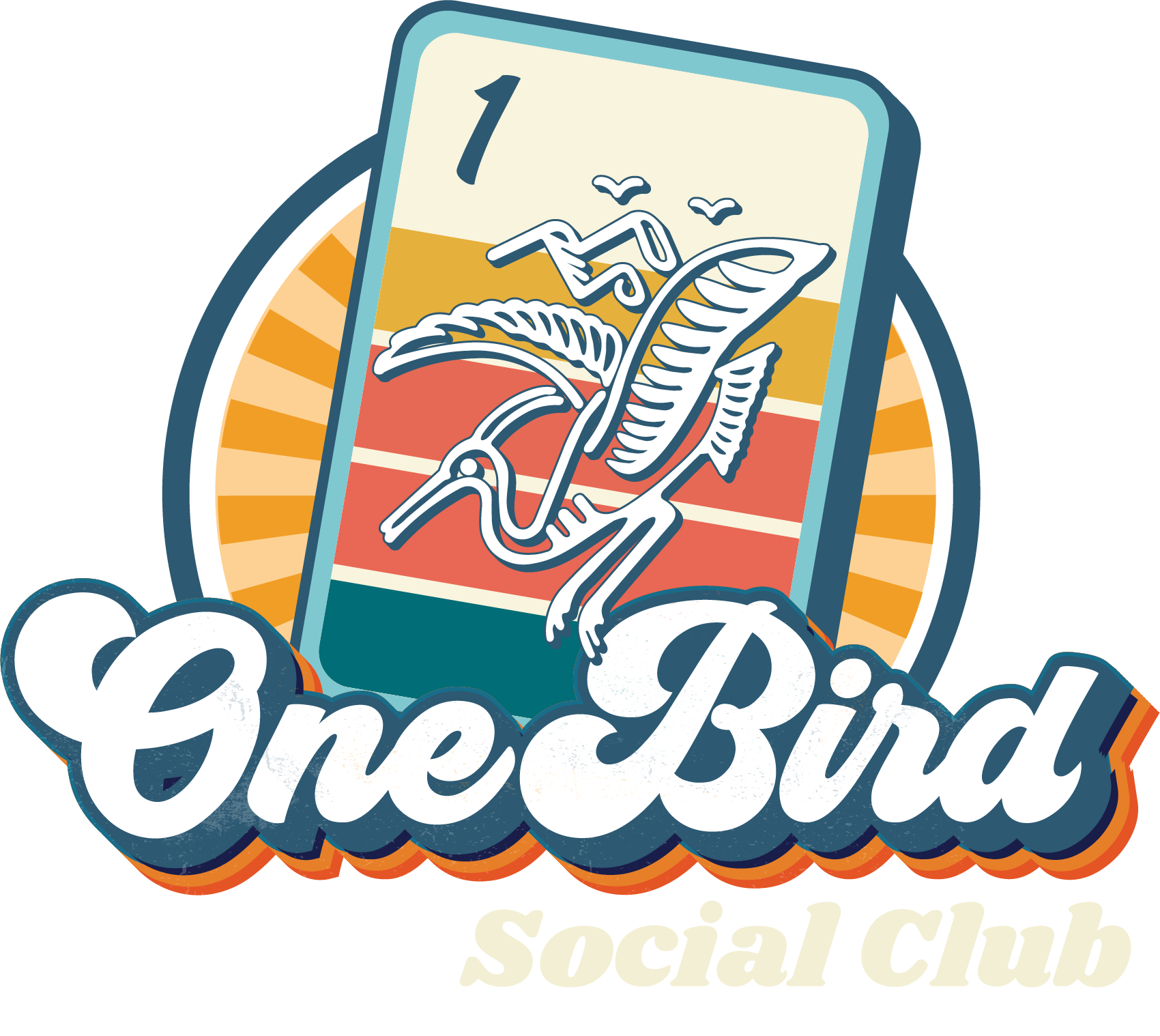 Logo of the One Bird Social Club, featuring a stylized bird skeleton inside a striped background with gradient colors, and the text 'One Bird' in bold cursive font and 'Social Club' underneath.