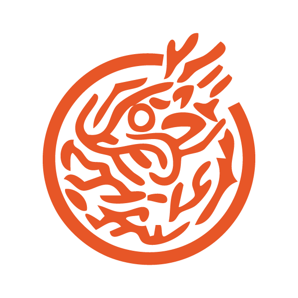 A stylized, abstract design from a  Mah Jongg tile resembling a dragon, created with thick orange lines within a circular shape.