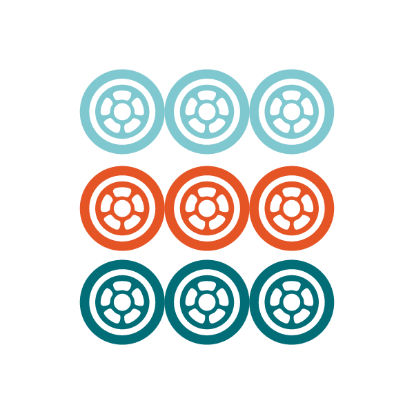 Nine billiard balls arranged in three rows of three, with the top row in light blue, the middle row in orange, and the bottom row in dark teal from a Mah Jongg tile.