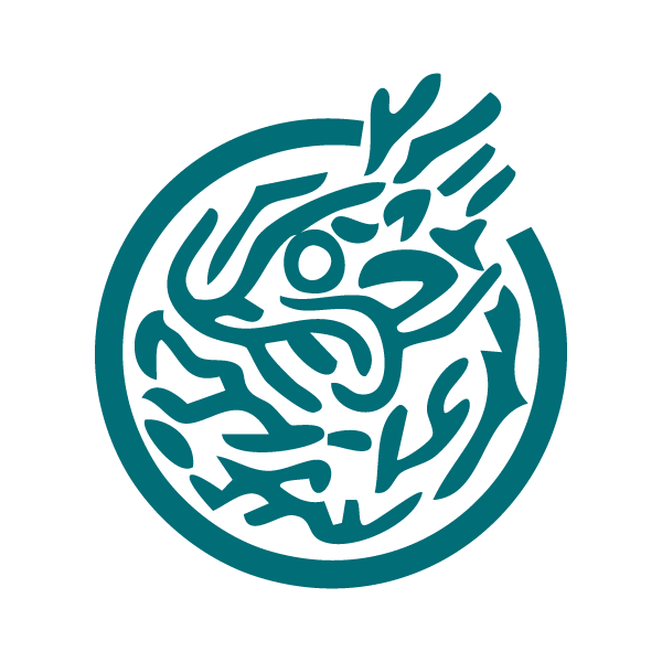 A stylized, abstract design from a  Mah Jongg tile resembling a dragon, created with thick teal lines within a circular shape.