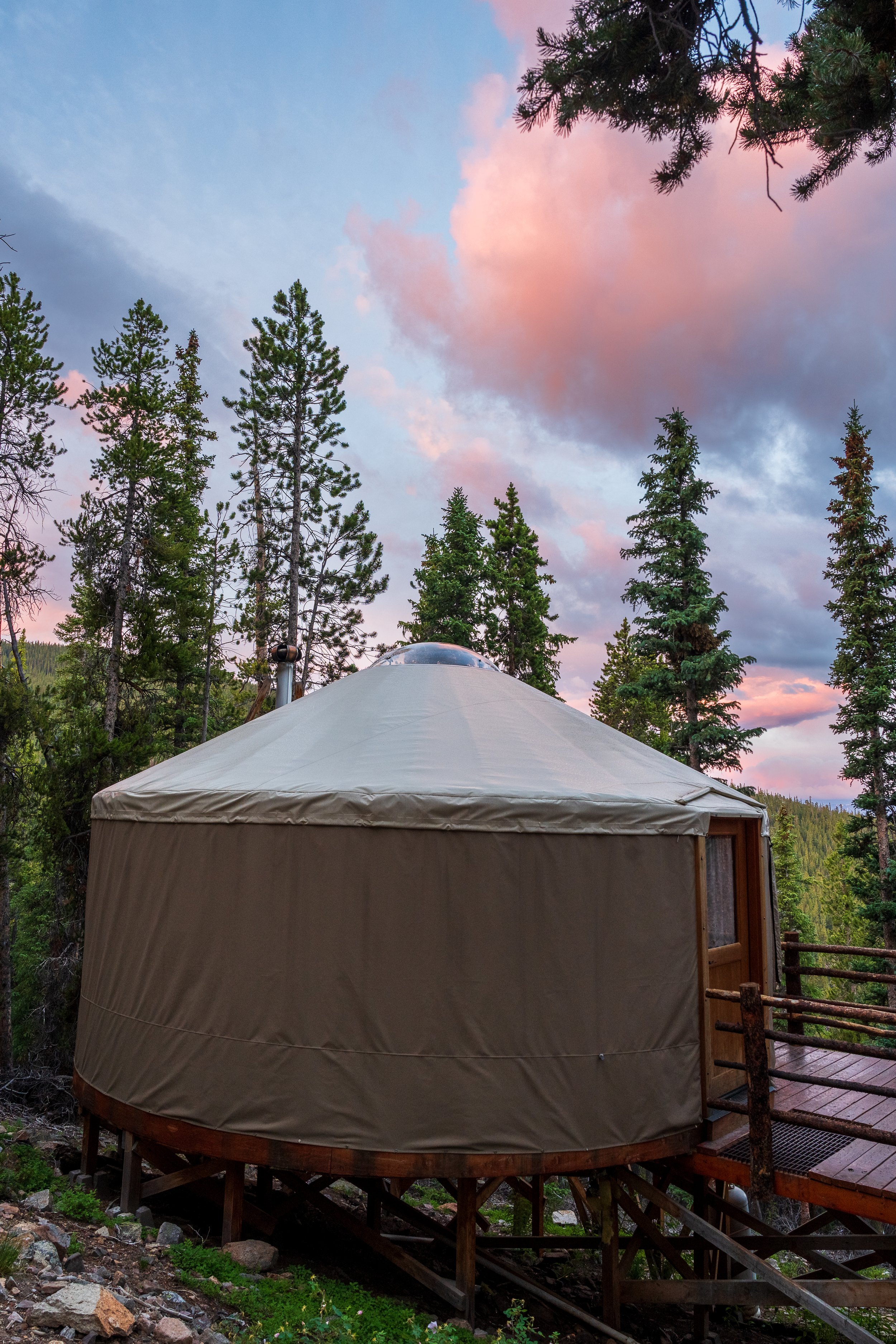 A dome-shaped yurt with a beige fabric cover on a raised wooden platform with stairs, surrounded by tall pine trees, under a sky with pink and blue clouds at sunset.