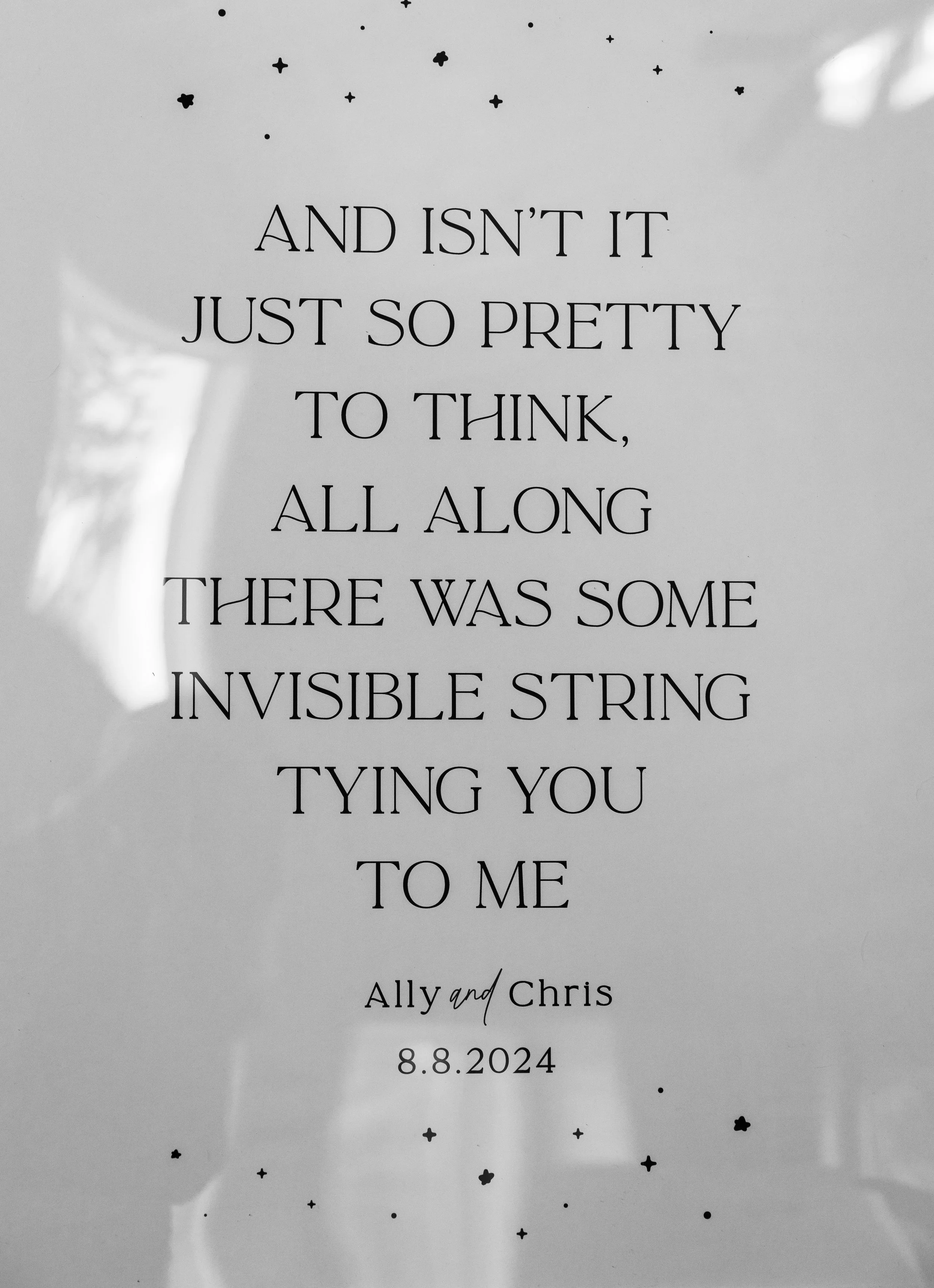 A wedding announcement with a gray background and small black star illustrations. Text indicates a romantic message and includes names 'Ally and Chris' and a date '8.8.2024'.