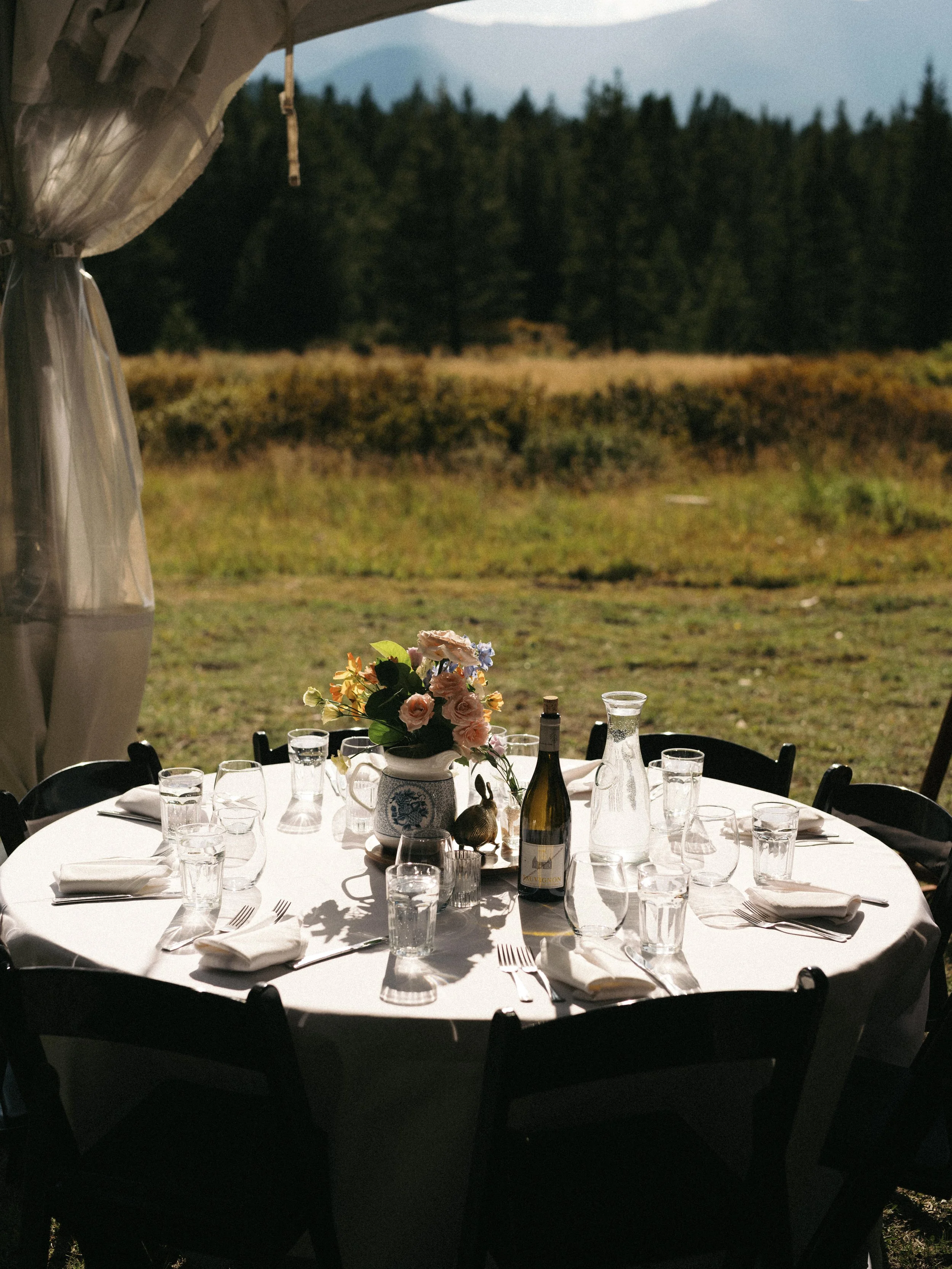 A round table set for a meal outdoors, with a white tablecloth, floral centerpiece, wine bottle, various glasses, plates, and napkins, under a canopy with a natural landscape background of fields and trees.