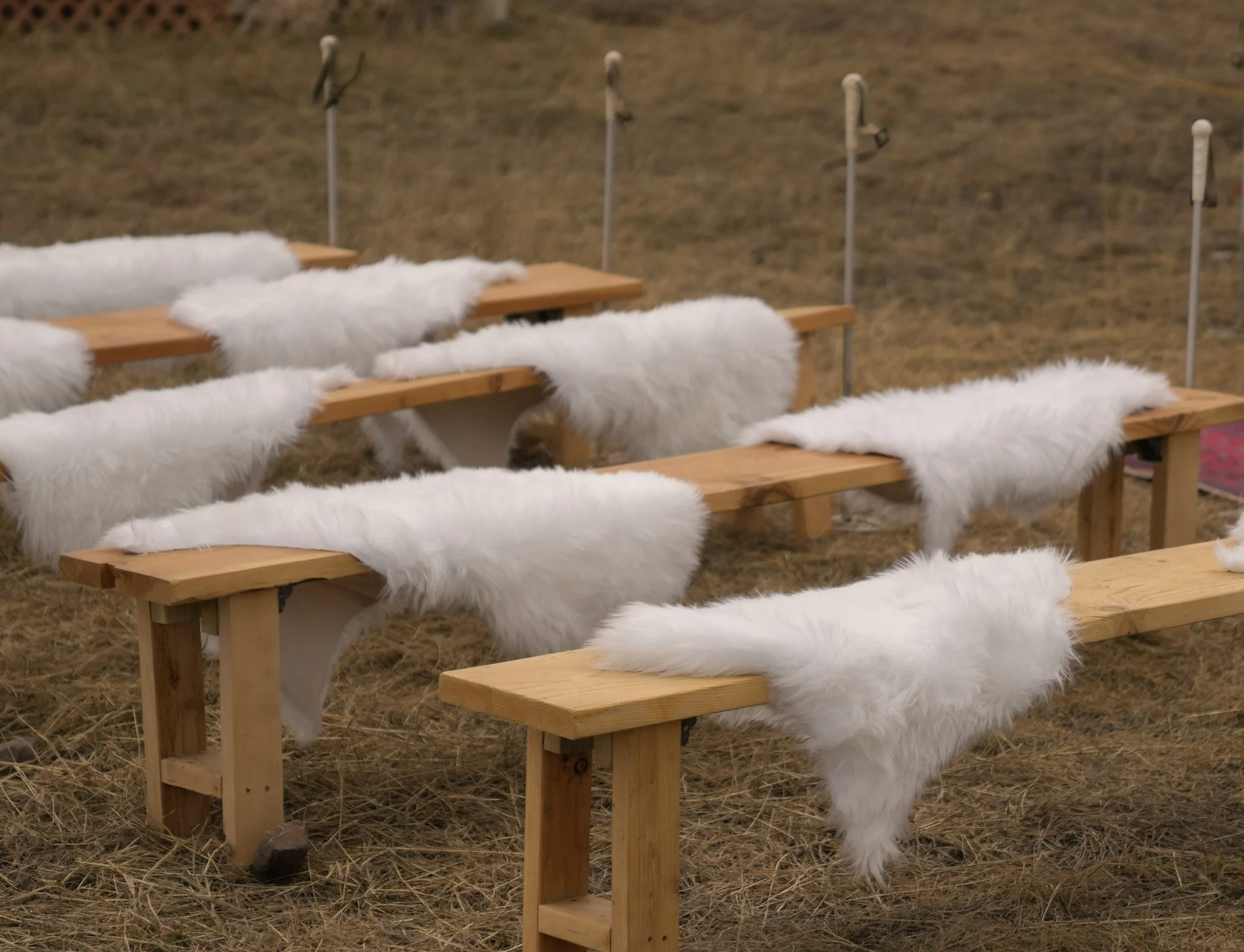 Multiple wooden benches with white faux fur coverings placed on a grassy field, with bird deterrent devices in the background.