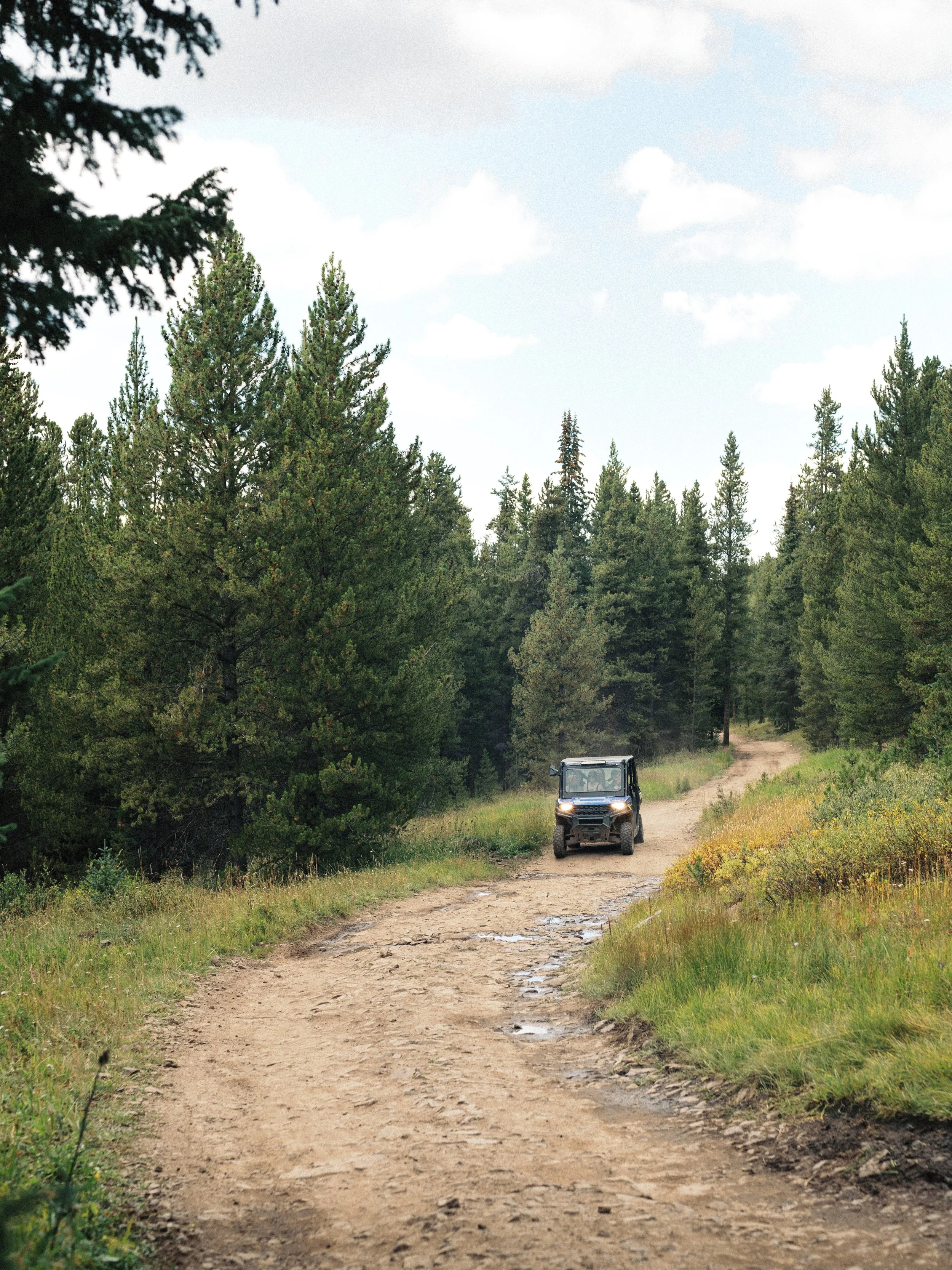An off-road vehicle driving on a dirt trail surrounded by dense green trees, with a partly cloudy sky above.