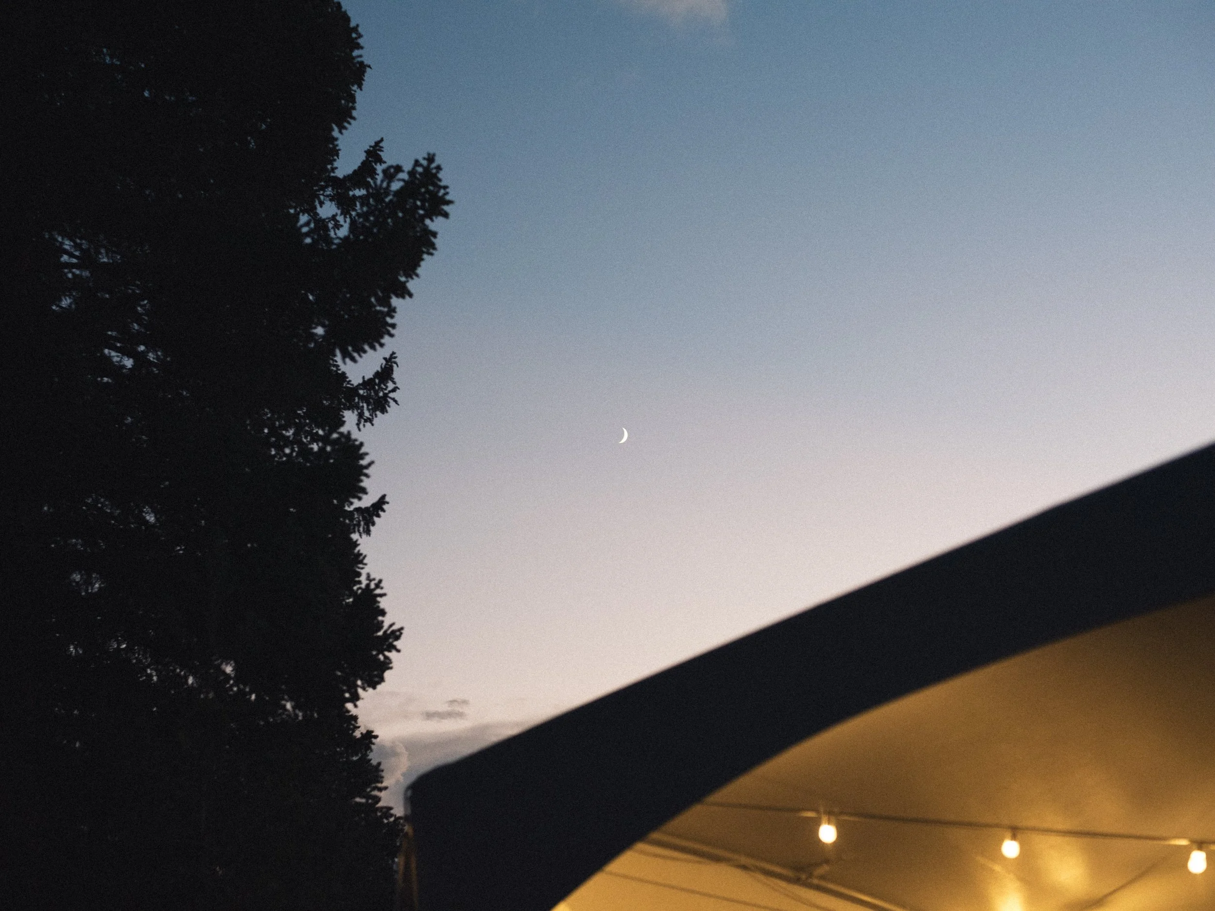 Night sky with a crescent moon and trees silhouetted against the sky. Part of a structure with hanging lights is visible in the foreground.