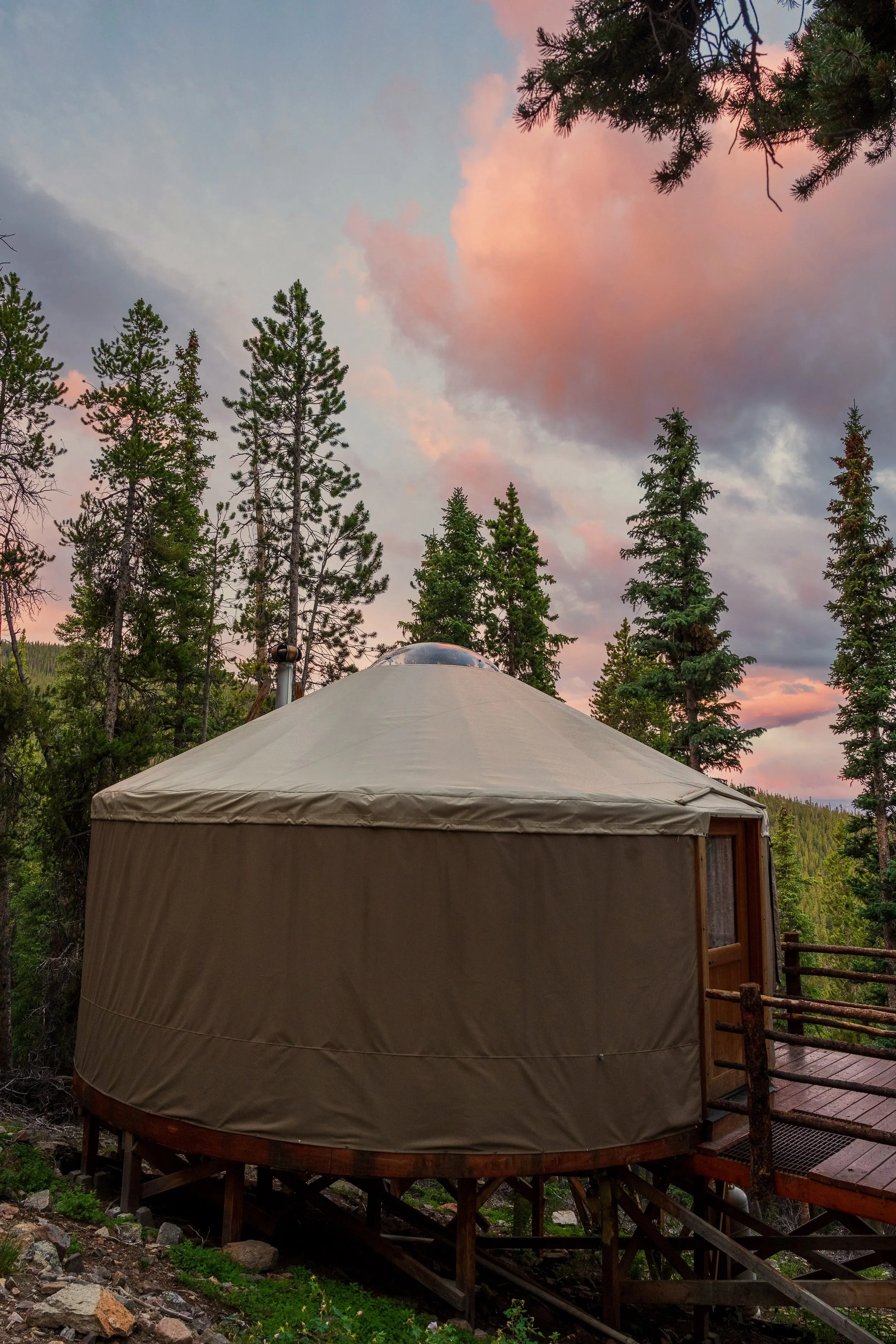 A circular wooden structure covered with a beige fabric canopy, situated among tall pine trees at sunset, with pink and purple clouds in the sky.