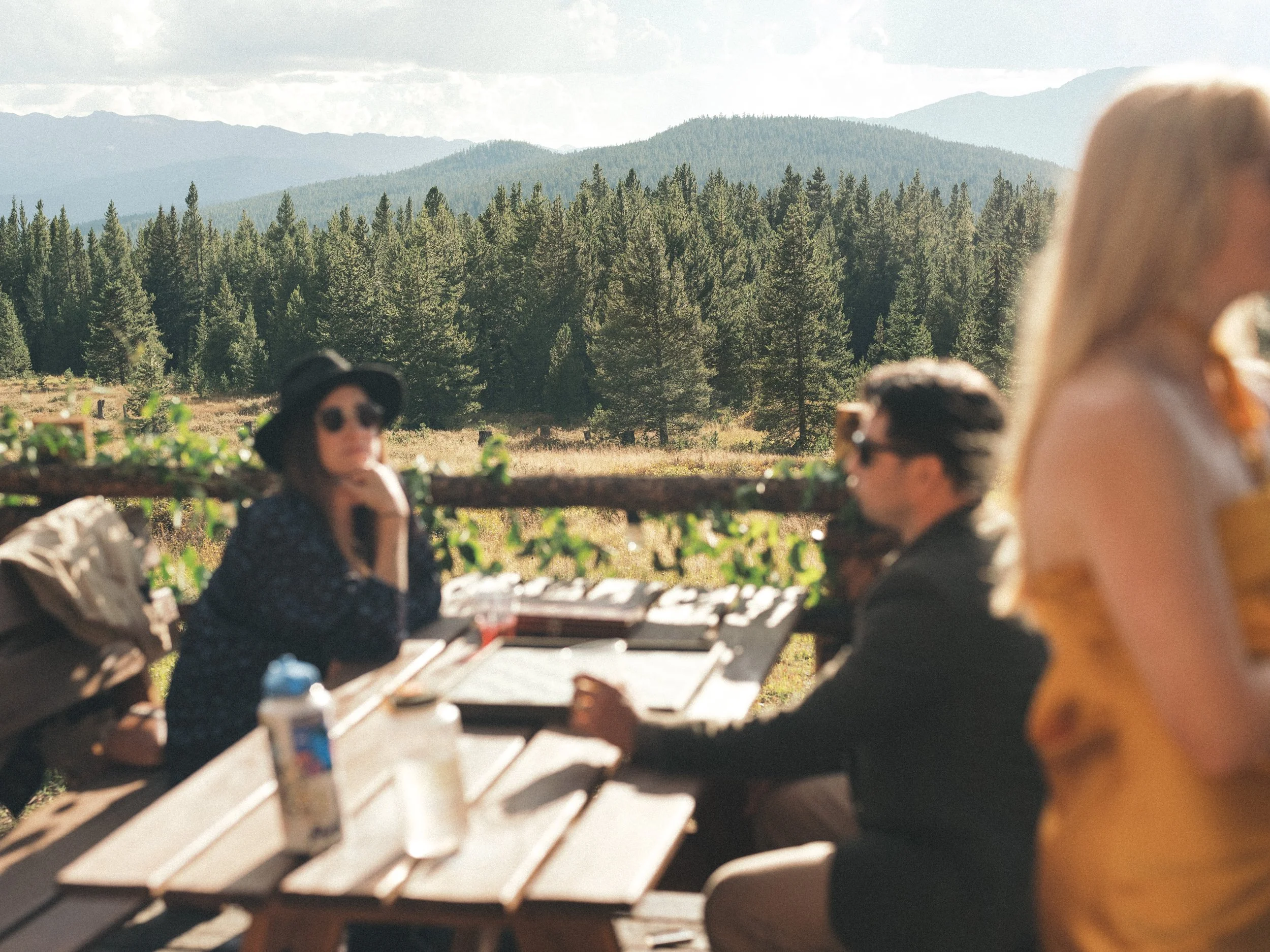 People sitting outdoors at a table with mountains and a forest in the background.