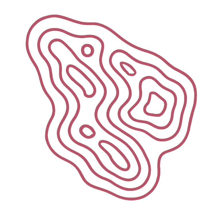 A topographic map with pink contour lines on a black background, showing elevation levels and land features.