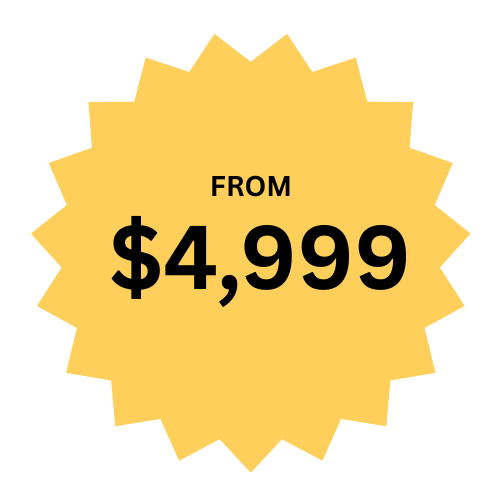 Yellow sale tag with black text that says "From $4,999".