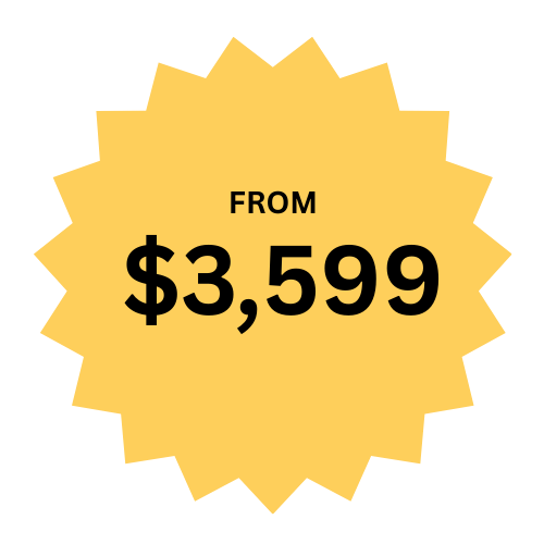 A yellow burst-shaped sign displaying a starting price of $3,599.