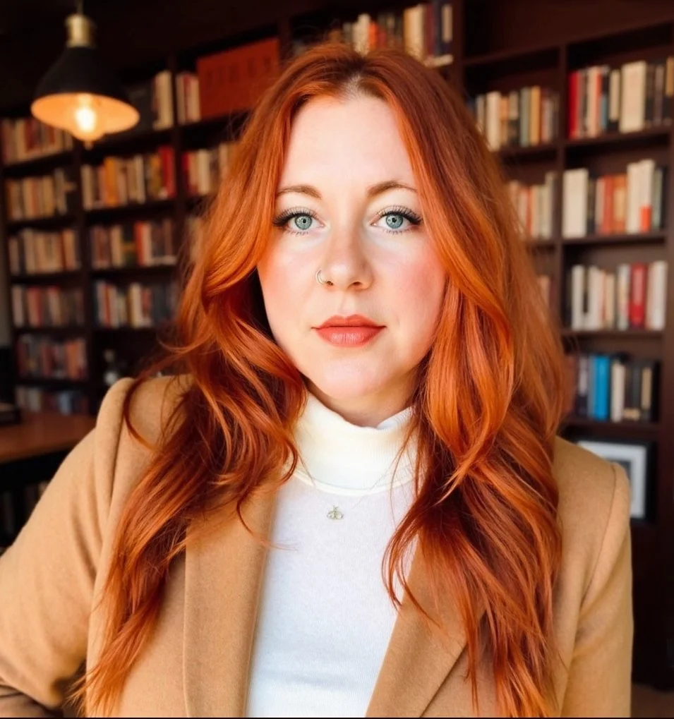 A woman with long, wavy red hair and blue eyes, wearing a beige coat and a white turtleneck, sitting in a room filled with bookshelves.