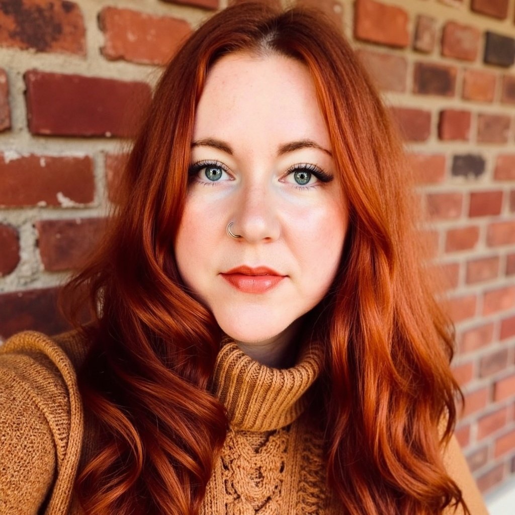 A woman with long red hair and blue eyes, wearing a brown turtleneck sweater, standing in front of a brick wall.