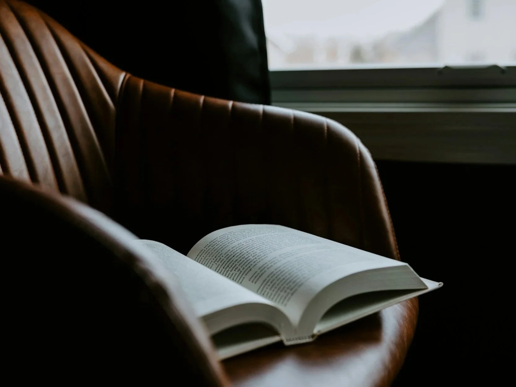Open book resting on a brown leather armchair near a window with frosted glass.