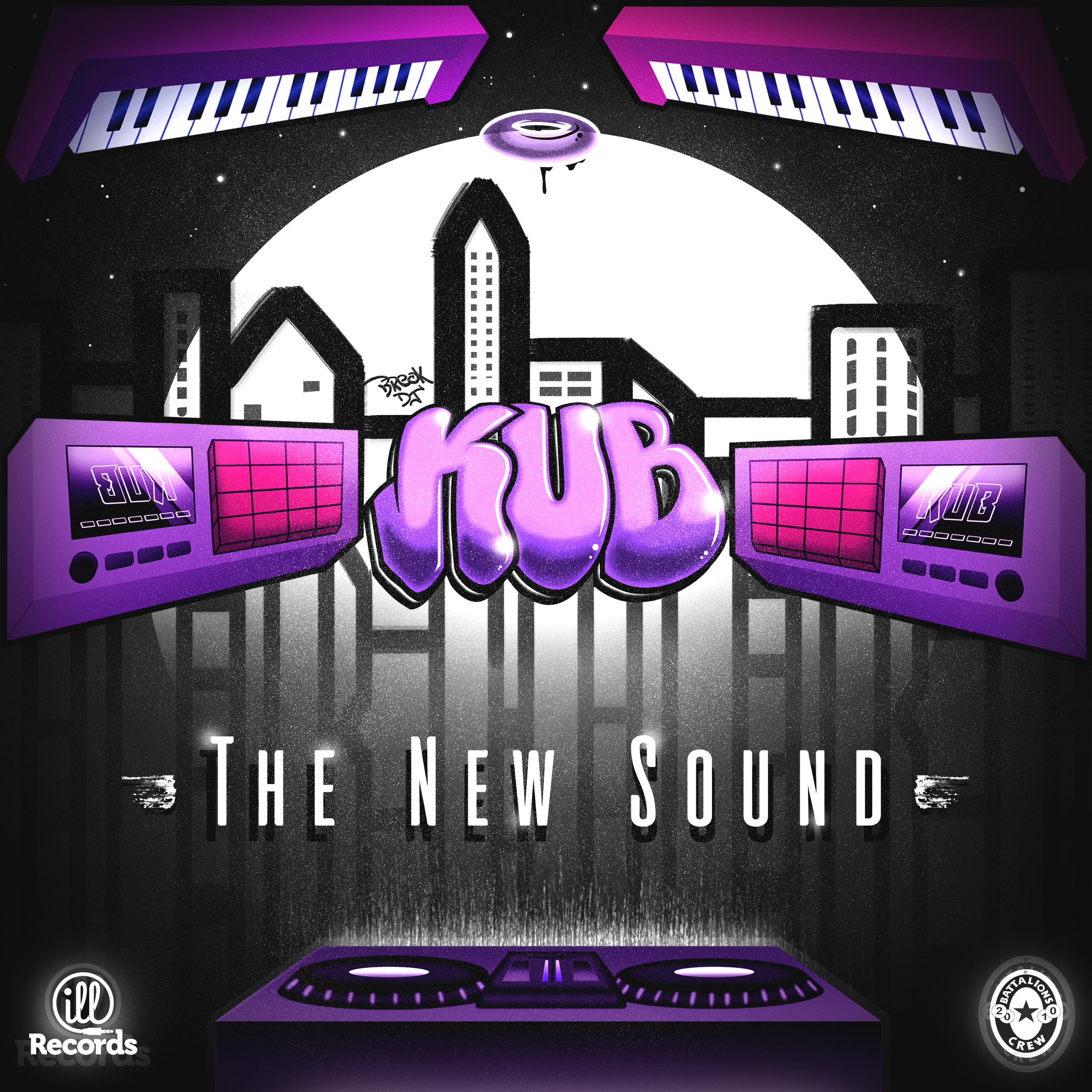 A stylized digital illustration of a DJ booth with purple and black colors, set against a city skyline with tall buildings, under a starry night sky with a moon. The word 'KUB' is in large graffiti-style purple text in the center, flanked by two DJ equipment screens displaying 'KUB' and a grid pattern. Below, the text 'The New Sound' is written. The artwork has a urban, futuristic vibe with logos for IL Records and Capital Lions Crew at the bottom corners.
